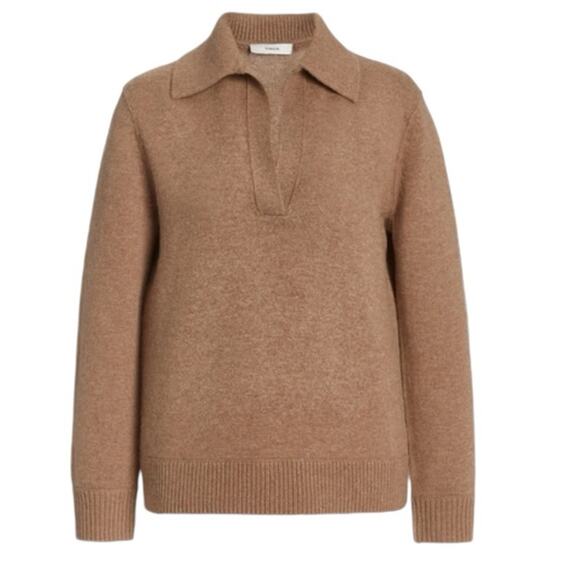 Vince Raglan Sleeve Polo Wool Cashmere Tan Heathered Chestnut Sweater size XS - Picture 1 of 9
